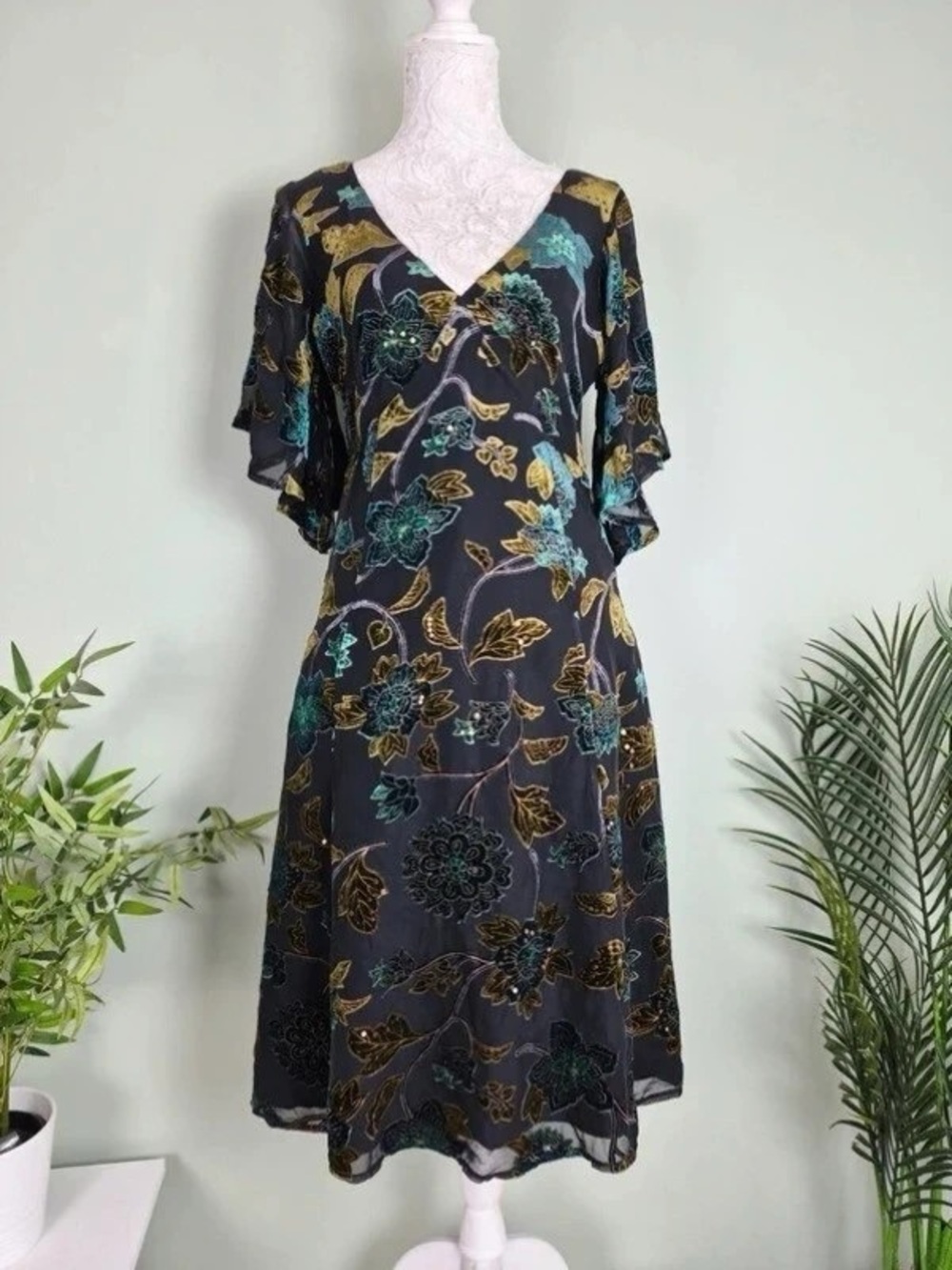 Black Floral V-Neck Maxi Dress with Teal & Gold Accents